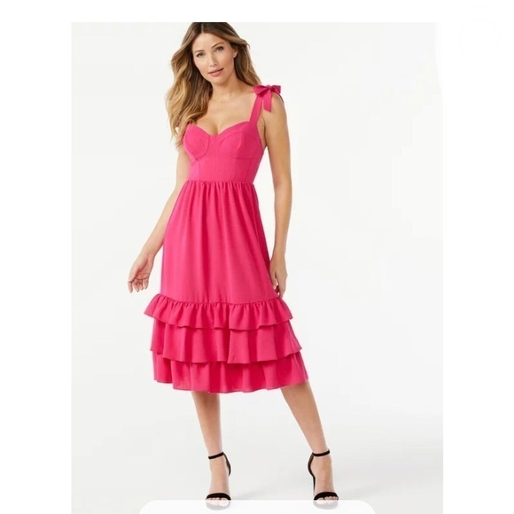 Pink bustier neck tiered hem shoulder tie smocked back sundress - Picture 2 of 6